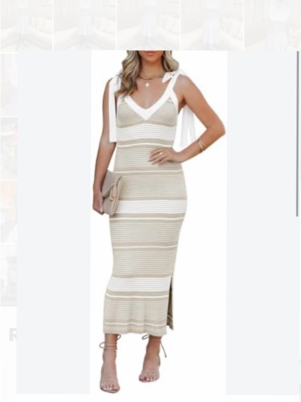 New Striped ribbed knit Women XL midi dress  self-tie shoulder straps